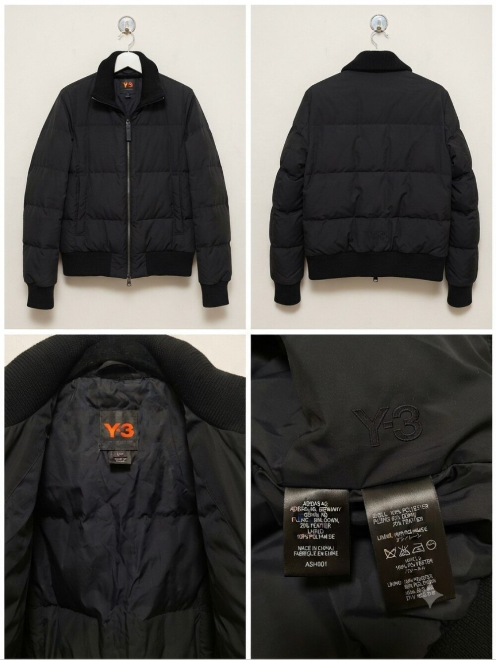 Y-3 Yohji Yamamoto Black Down Puffer Jacket Bomber Full Zip Ribbed Collar Size S